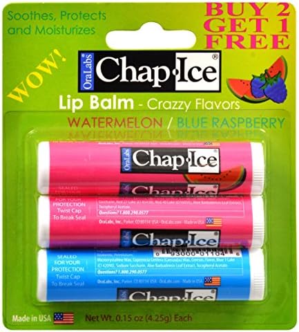 Chap-Ice SPF 4 Premium Lip Balm, Crazy Flavors (Watermelon & Blue Raspberry), 3 pack