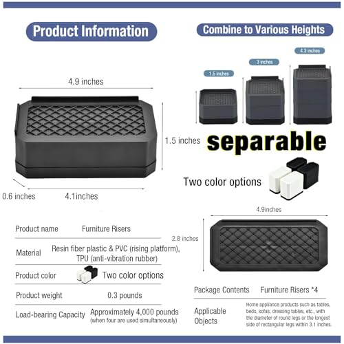 Image of EclatBain Rectangular Adjustable Bed Risers 3&4.3 Inch, 4000 lbs, 4 Pack