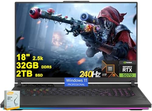 ASUS ROG Strix G18 G814 Gaming Laptop | 18″ 2560×1600 240Hz 100% DCI-P3 | AMD 16-core Ryzen 9 9955HX (>i9-14900HX) | 32GB DDR5 2TB SSD | GeForce RTX 5070 DLSS4 | RGB Backlit Win11Pro w/DLCA Accessory ASUS ROG Strix G18 G814 Gaming Laptop | 18″ 2560×1600 240Hz 100% DCI-P3 | AMD 16-core Ryzen 9 9955HX (>i9-14900HX) | 32GB DDR5 2TB SSD | GeForce RTX 5070 DLSS4 | RGB Backlit Win11Pro w/DLCA Accessory