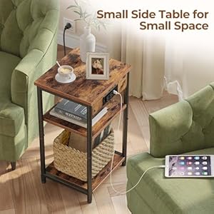 Rolanstar end table with charging station night stand with 3 storage shelves small side table for small space narrow bedside table for living room bedroom rustic brown  urban country home decor