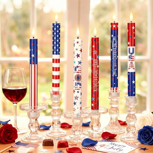 Image of Aurelema 6 Pcs 4th of July LED Flameless Candle Set 250th Anniversary Patriotic Taper Candles Battery Operated with Remote God Bless American USA Flag Candles for Independence Day Decor Party Favors