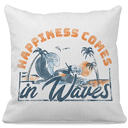 Oflich Happiness Comes In Waves Throw Pillow Case 18″×18″,Watercolor Sea Waves Seashore Surfing Decorative Cushion Cover For Farmhouse Living Room Yard Patio Terrace,Gifts For Women Girls Surfers #TOP20