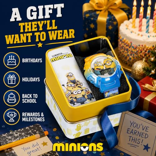 Image of Minions Kids Watch - Flashing Dial Lights, LCD Display, Adjustable Comfortable Strap, Collectible Tin - Perfect for Boys and Girls
