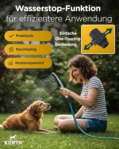 KUNTO® Hundebrausekopf inkl. Gartenschlauchadapter & Wasserstop - Hundedusche Duschkopf mit 79 Düsen, 4 Strahlarten & 30 Silikon-Massage-Borsten - Mobile Hunde-Duschbrause für drinnen & draußen