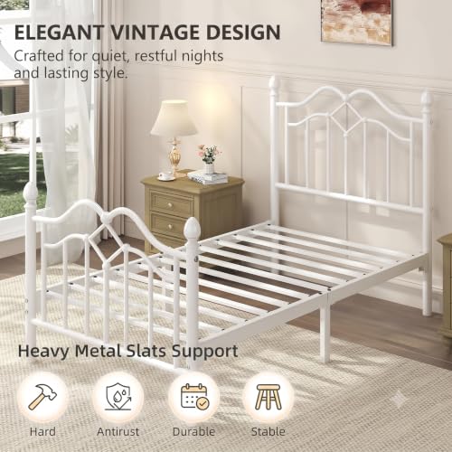 Image of LoVinson Twin Size Bed Frame with Victorian Headboard & Footboard, White