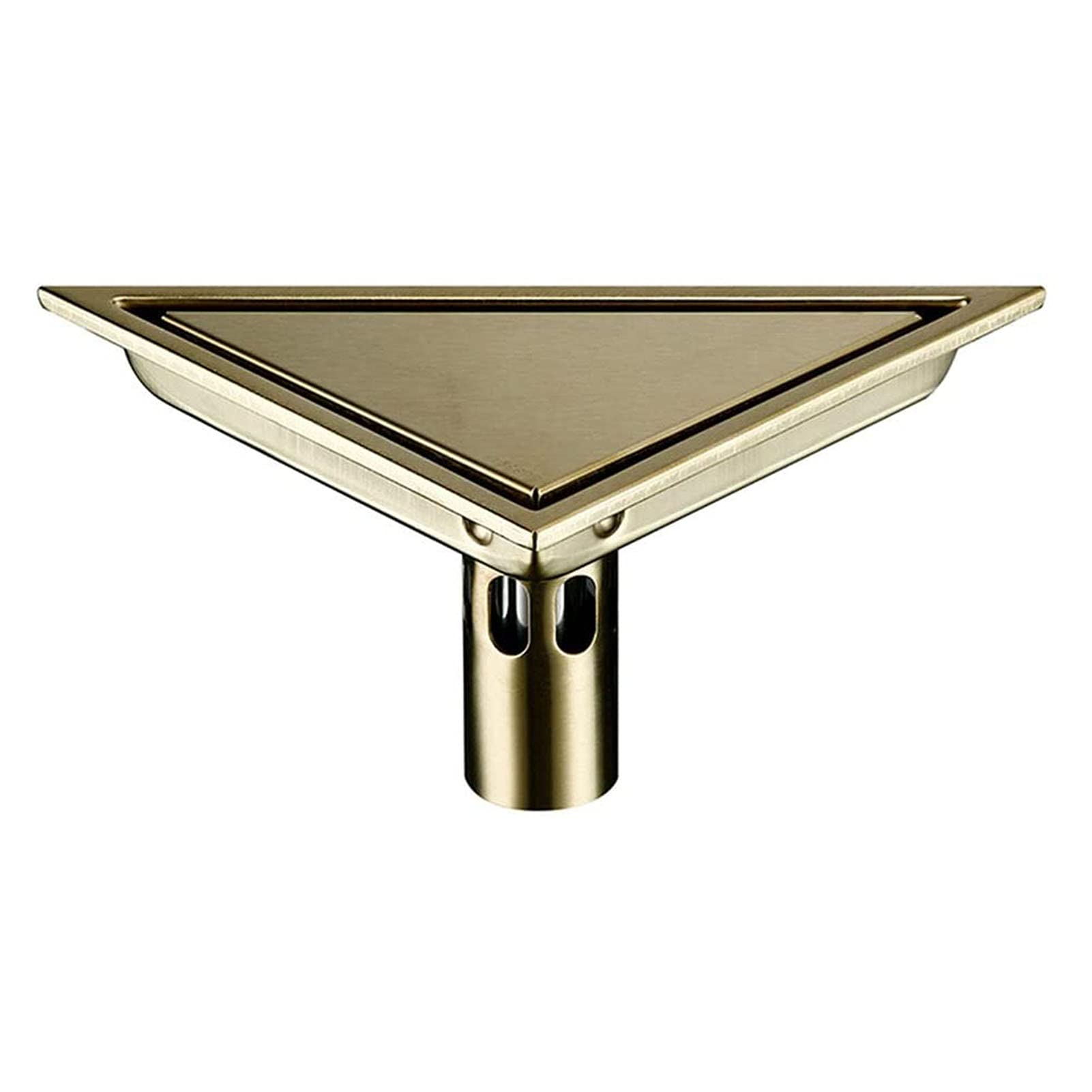 Scarico doccia, scarico a pavimento in acciaio inox per bagno, scarico a pavimento con inserto in piastrelle triangolari, scarico doccia con griglia rimovibile, filtro raccogli-capelli, oro spazzolato