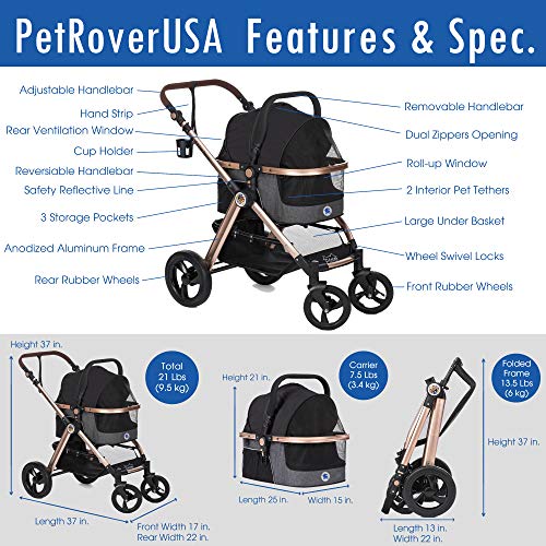 image for HPZ Pet Rover Prime 3-in-1 Luxury Dog/Cat Stroller (Travel Carrier + C