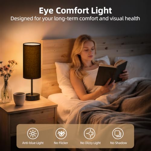 Image of Bedside Table Lamp, Dimmable Touch, AC Outlet, USB A+C (Black) | 3-Way Dimmable, Small Touch Lamp with Eye-Care LED Bulb, Ideal Soft Lighting for Nightstand, Bedroom, Reading, Living Room