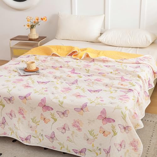 MEJU Butterfly Floral Dreamy Aesthetic Lavender Purple Pink Muslin All Season Blanket for Bed Sofa Couch,100% Combed Cotton Soft Warm Quick Dry Throw Blanket Bed Cover Sheet F/Q 80 in x 90 in