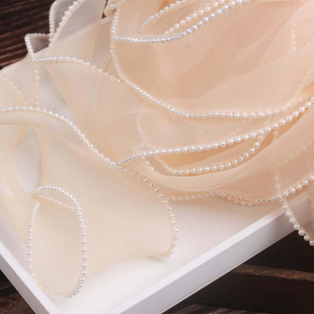 CABODYALS 4.57M 40mm Brown Wired Sheer Ribbon Faux Pearl Edged Organza Trim Smooth Fishtail Yarn Mesh Chiffon Lace Ribbons with Spool for Sewing Making Craft Flower Bouquet Invitions DIY Cake Decor - Image 3