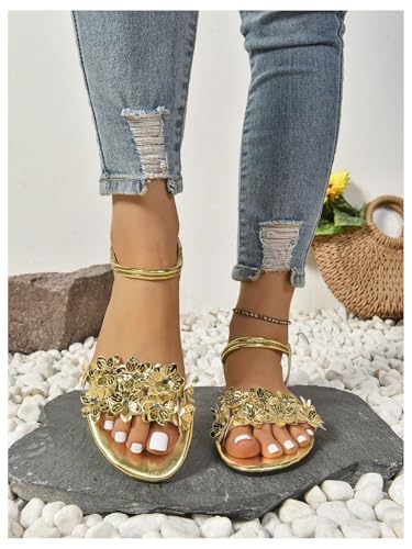 GORGLITTER Women's 3D Flower Vacation Flat Sandals Metallic Ankle Strap Open Toe Dressy Sandals3
