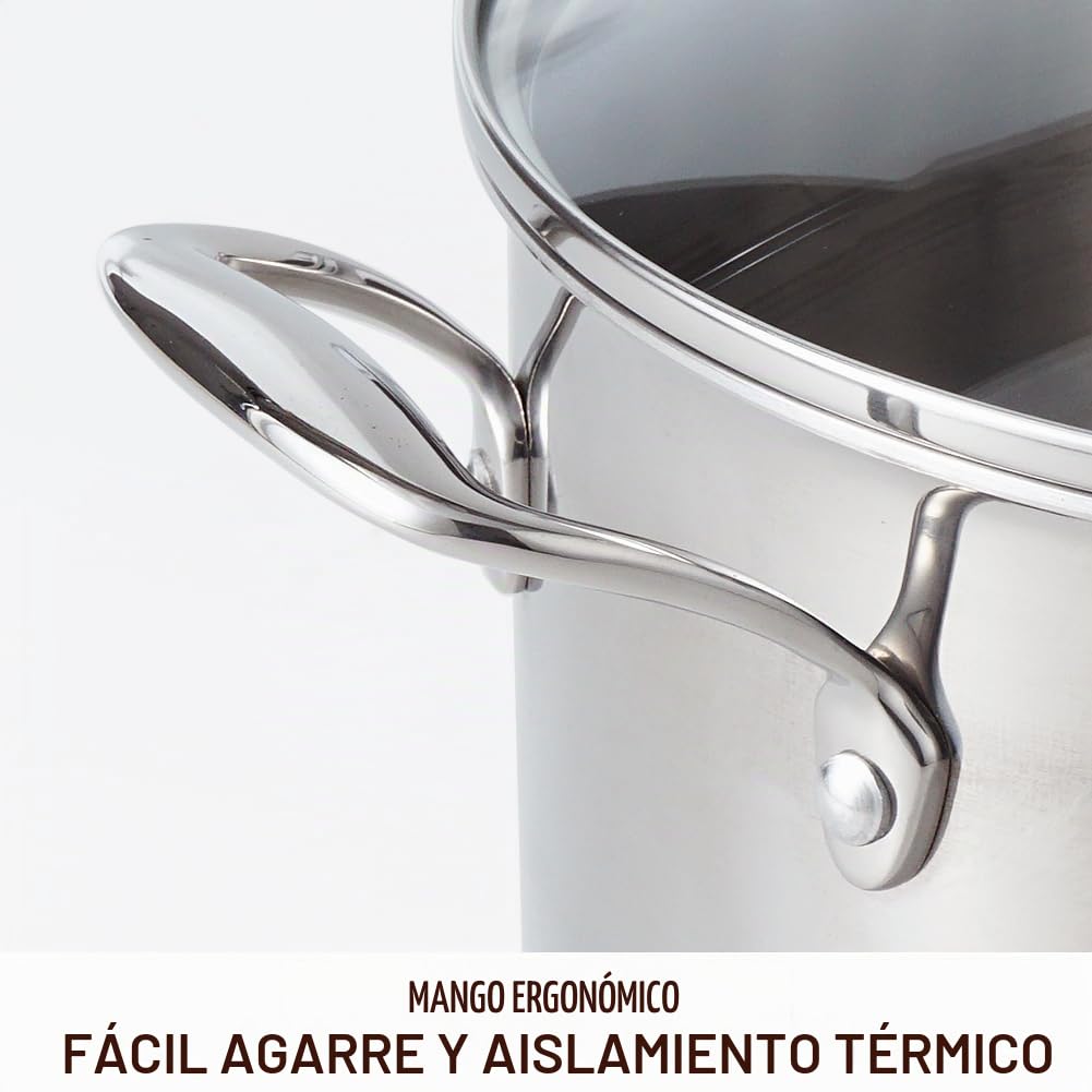 HOMICHEF Olla de acero inoxidable pulido sin níquel de 6,6 L con tapa de cristal (Sin revestimiento no tóxico, 3 capas) - 24 CM Ollas de acero inoxidable para cocinar