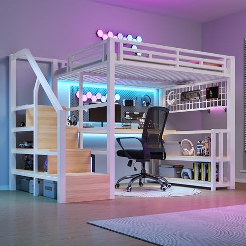 Letto a soppalco con luce LED e porta USB 140x200 cm,Letto matrimoniale con struttura in ferro con scrivania e Griglia sospesa,Con scale portaoggetti e ripiani portaoggetti,Bianco(Senza materasso)