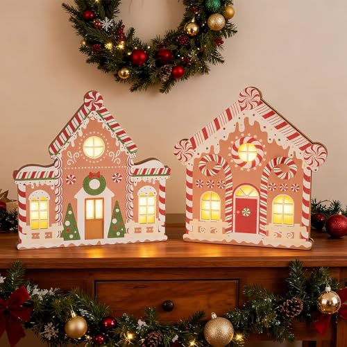 APUDWN 2 Pcs Lighted Gingerbread House Christmas Decorations Lighted Wooden Village Set Centerpieces Battery Operated LED Gingerbread Decor for Home Kitchen Mantel or Shelf Display Gifts for Xmas