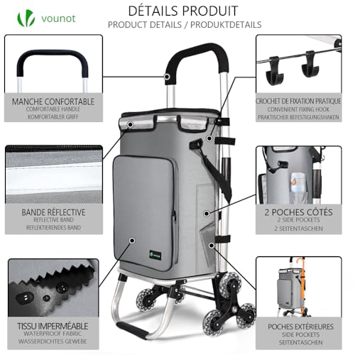 VOUNOT® Aluminium Einkaufstrolley Treppensteiger, 3 in 1 Trolly Einkaufswagen Klappbar, Hackenporsche mit Kühlfach und Haken, 6 Rädern & großer Kapazität, Wasserdicht, Grau – Bild 4