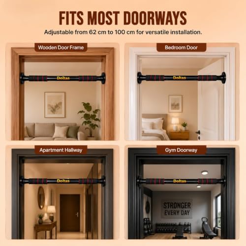 Image of DOLTAS Pull Up Bar for Home for Kids & Adults (100 kg Capacity) | Wall Mounted Pull Up Bar with Anti-Skid Foam Grip | No-Drill Installation | Heavy Duty Home Gym Equipment for Strength Training & Home Workout | BLACK & RED