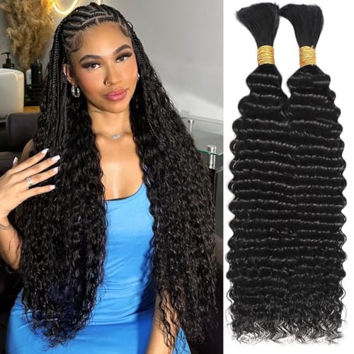 Human Braiding Hair for Boho Braids 18 Inch 110g Deep Wave Bulk Human Hair for Braiding No Weft 12A Curly Human Hair Extensions for Boho Braids 2 Bundle Wet and Wavy Human Hair