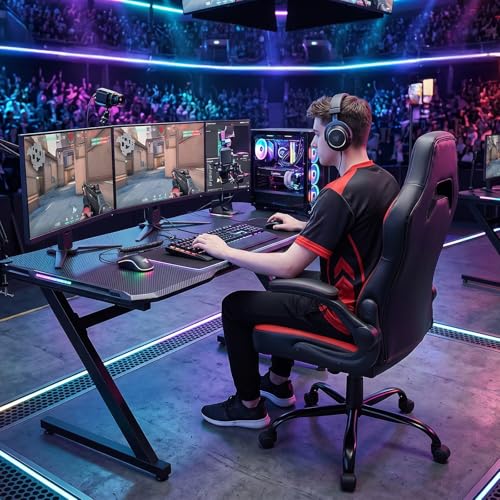 Image of Sweetcrispy Computer Gaming Chair: PU Leather Ergonomic Lumbar Support with Flip-up Armrest and 360 Swivel Wheels, Height Adjustable Task Home Office Desk Video Racing, Red