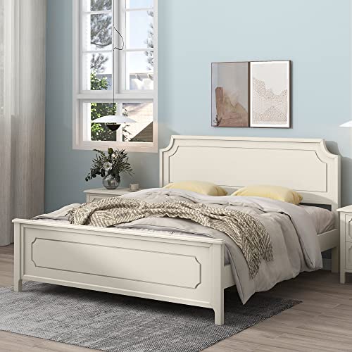 Softsea King Size Bed Frame, Platform Bed Frame With Wooden Headboard And Footboard, No Box Spring Needed, Easy Assembly, Milky White #TOP2