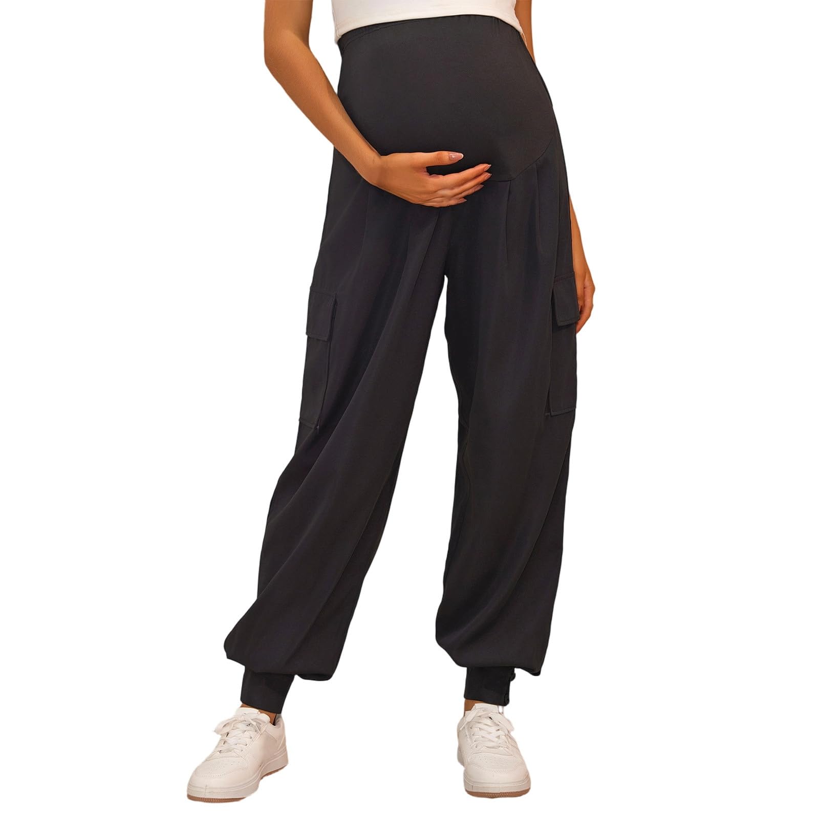 Generisch Pantalon de grossesse streetwear, pantalon cargo taille haute, jambe droite, coupe ajustée, vêtements de grossesse confortables avec plusieurs poches