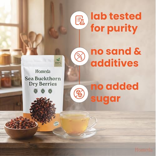 Image of Homeda Sea Buckthorn Berry Dry (500g) Organic Seabuckthorn Berries Original Dried - With Vitamins, Antioxidants, Omega 3 6 7 & 9 | Himalyan See Buck Thorn Plant | Pure Leh Seabuck Berry