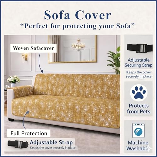 Image of STITCHNEST 'Opulence Series' Floral Woven Sofa Cover for 3 Seater | Premium Soft Fabric Sofa Protector | Yellow Floral Pattern with Armrest Pockets | Durable Living Room Furniture Cover