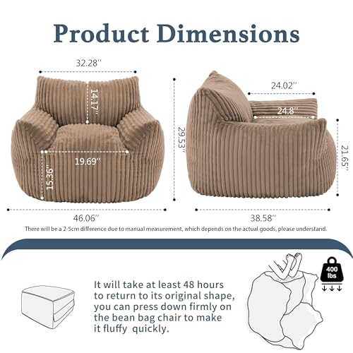Giant Plush Bean Bag Chair for Adults with Armrests - Oversized Comfy Khaki Beanbag Lounge Lazy Floor Sofa Chair for Living Room, Bedroom & Dorm, Cozy Fluffy Single Cloud Mini Couch