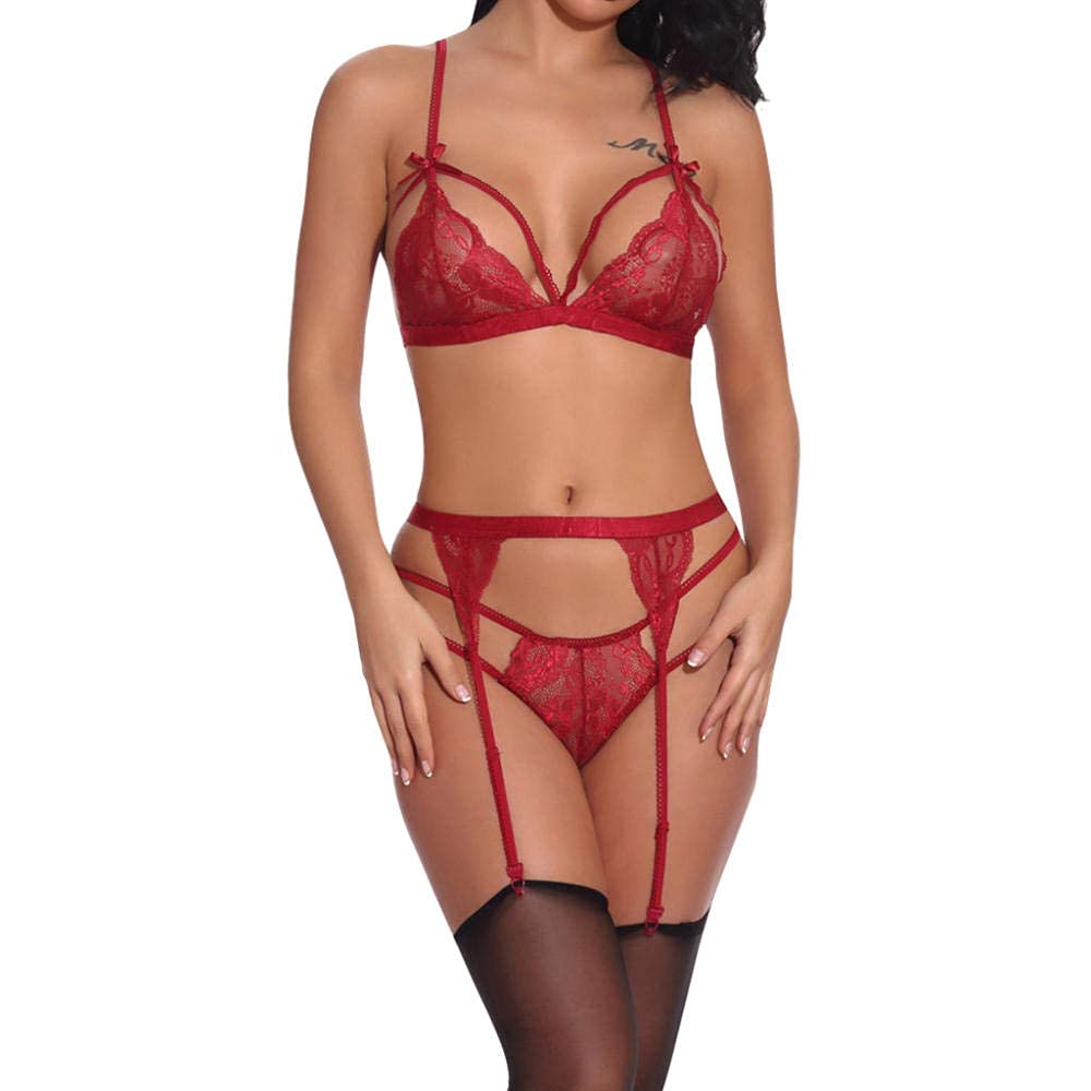 Body de Mujer Ropa Interior de Encaje Conjunto de Ropa Interior de Mujer Lencería de Encaje con Correa de Liguero Sujetador y Calzoncillos Disfraces Calientes Interior (AL)