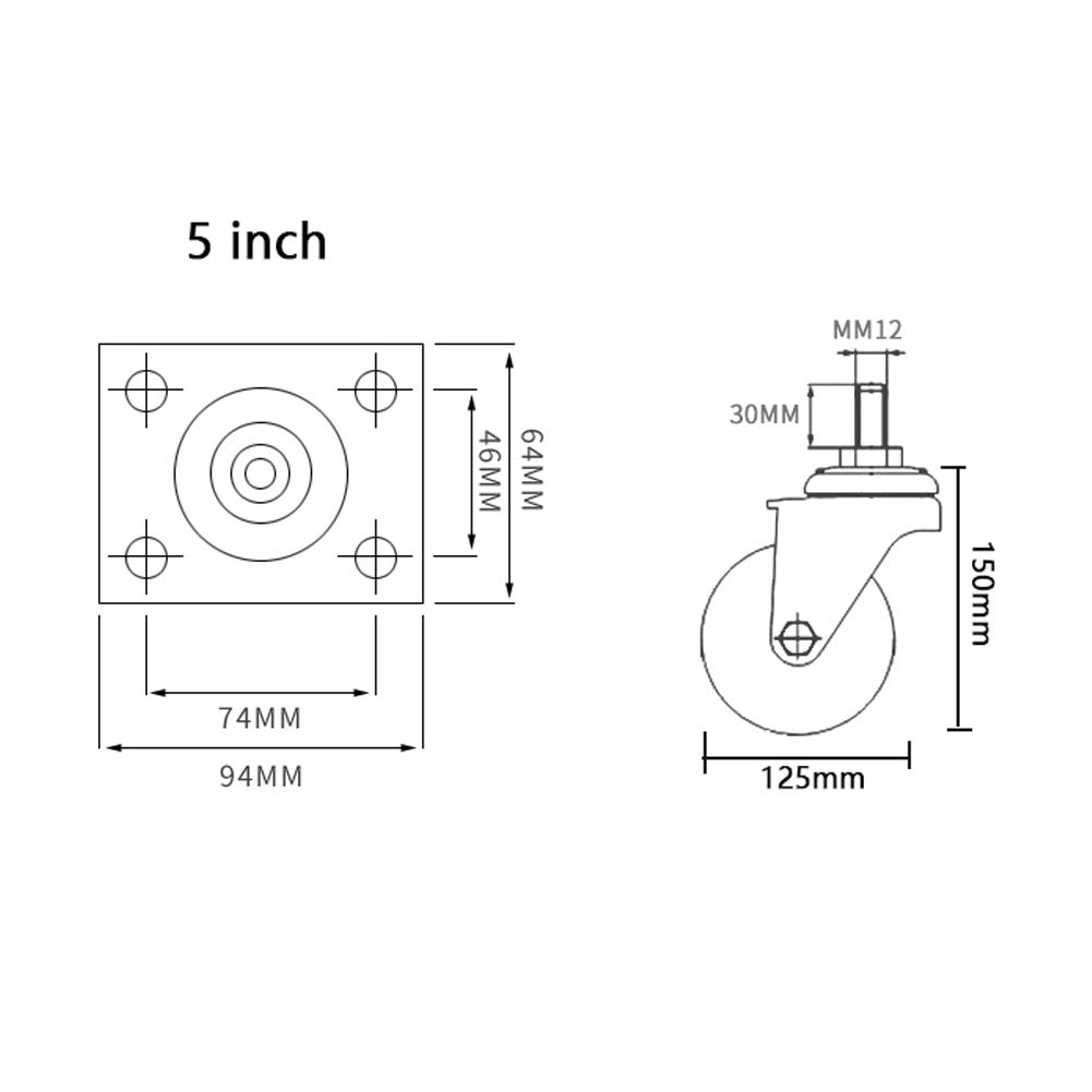 Ruote girevoli per impieghi gravosi, ruote silenziose in gomma con filettatura M12 da 3''/4''/5 pollici, 300-400 kg, con freno, ruote girevoli universali per carrelli e mobili, confezione da 4 - vit