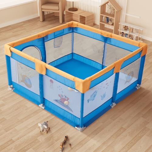 Image of 120x120 cm Playpen for Baby up to 3 Years with Safety Lock & Anti-Fall Grasp Rings (No Ball /No Mat, Non-Foldable) - Blue