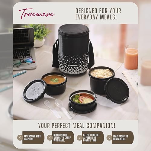 Image of Trueware Omaga Lunch Box with Insulated Fabric Jacket, 3 Microwave Safe & Leak Proof Inner Stainless Steel Containers (1 x 200ml, 1 X 400ml & 1 X 500ml) Tiffin for Office, College