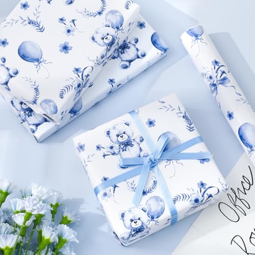 JarThenaAMCS Bear Wrapping Paper -Mini Roll- 17 Inch x 32.8Ft Blue Balloon Bear Flower Gift Wrap Paper for Baby Shower Gender Reveal Party DIY Crafts