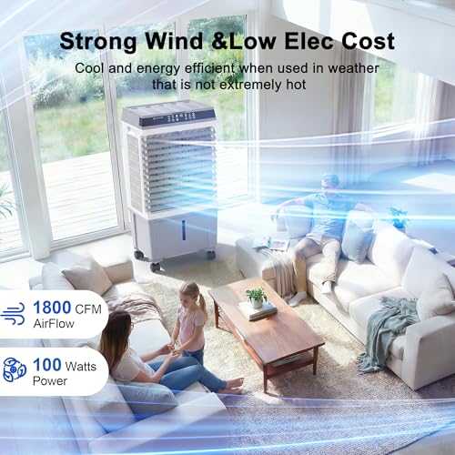 Image of YEW 32 inch Swamp Cooler Air Conditioner,1800 CFM Portable Evaporative Air Cooler,Cooling Fan for Room Garage Patio,5.3 Gal Water Tank,3 Speeds,6 Ice Boxes,12H Timer,Remote,Grey