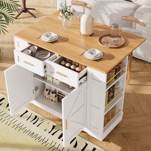 LAKFEW Isla Cocina con Ruedas y Encimera Plegable, Armario Cocina con 2 Cajones y 2 Puertas, Mueble Cocina con Espacio de Almacenamiento y Estante para Especias, 120x40(65) x90 cm, Blanco