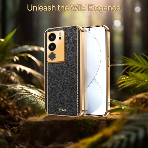 Image of Vaku Luxos Luxemberg Back Cover for Vivo V29 5G with Leather Pattern Gold Electroplated Soft TPU Cover Shockproof Protective Case- Black