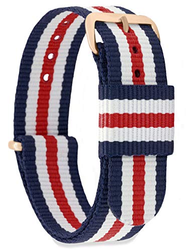 Preisvergleich Produktbild MOMENTO Damen Herren NATO Nylon Ersatz Uhren-Armband Strap mit Edelstahl-Schliesse in Rose-Gold und Nylon-Armband in Blau Weiss Rot 16mm