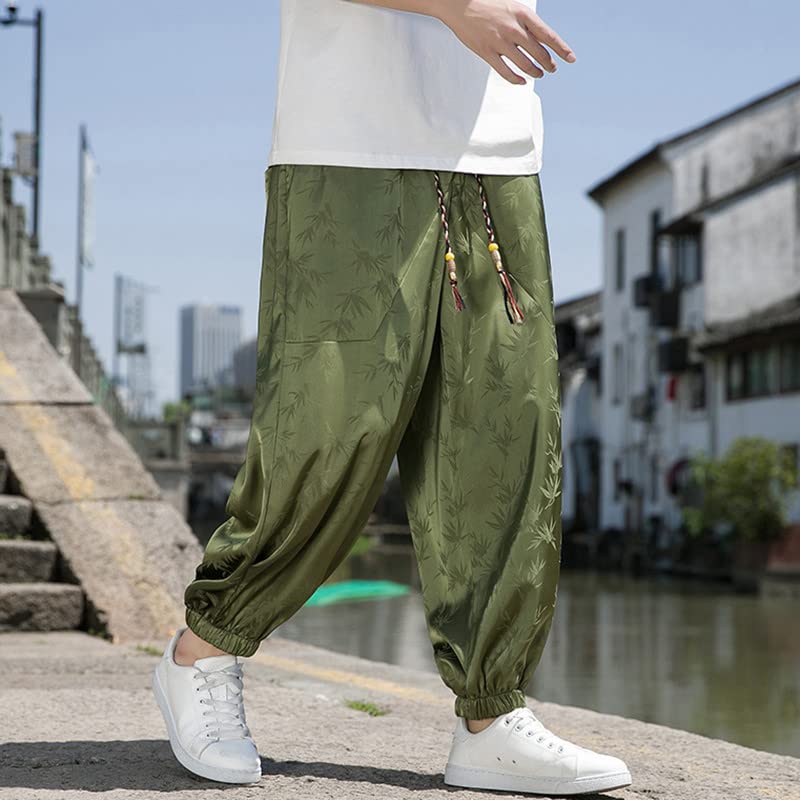 Summer Men's Ice Silk Harem Pants,Vintage Tang Dynasty Loose Trousers with Leaf Print2