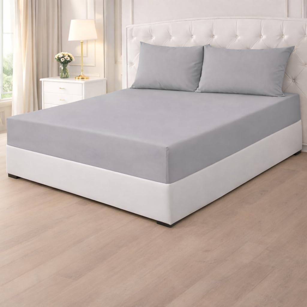 Poly Cotton Fitted Sheets 25cm,Plain PolyCotton Fitted Bed Sheets,Shrinkage & Fade Resistant Percale Quality Fitted Sheets,Non Iron Easy Care (Grey, Double) โ image 1