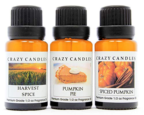 Crazy Candles 3 Bottles Set (Made in USA) 1 Spiced Pumpkin, 1 Harvest Spice, 1 Pumpkin Pie 1/2 Fl Oz Each (15ml) Premium Grade Scented Fragrance Oils