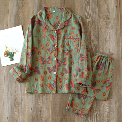 Ginkgo Leaf Neckline Button Colorful Floral Pure Pajama,Vintage Lapel Cotton Loungewear Set,Cozy Print Sleepwear Two Piece2