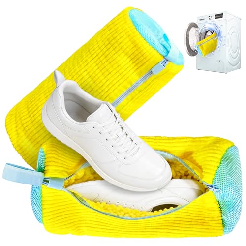 WHISPERING WONDER Set of 2 Reusable Shoe Laundry Bags, 360° Deep Clean, Noise-Reducing Sneaker Washing Bags for Machine Wash, Protect Shoes & Washer Drum, Anti-Skid Zipper, Durable Chenille Interior