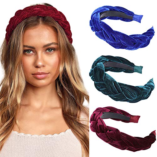 Velvet Braided Flock Padded Headband - AWAYTR Spanish Vintage Style Alice Hair band Matador Headband (Royal blue + dark green + wine red)