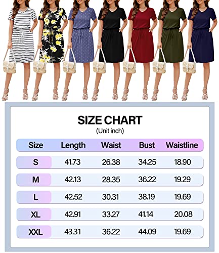 Huskary Women's Summer Casual Midi Dresses Short Sleeve V Neck Adjustable Waistline Drawstring Knee Length T Shirt Dress With Splits And Pockets Black #TOP5