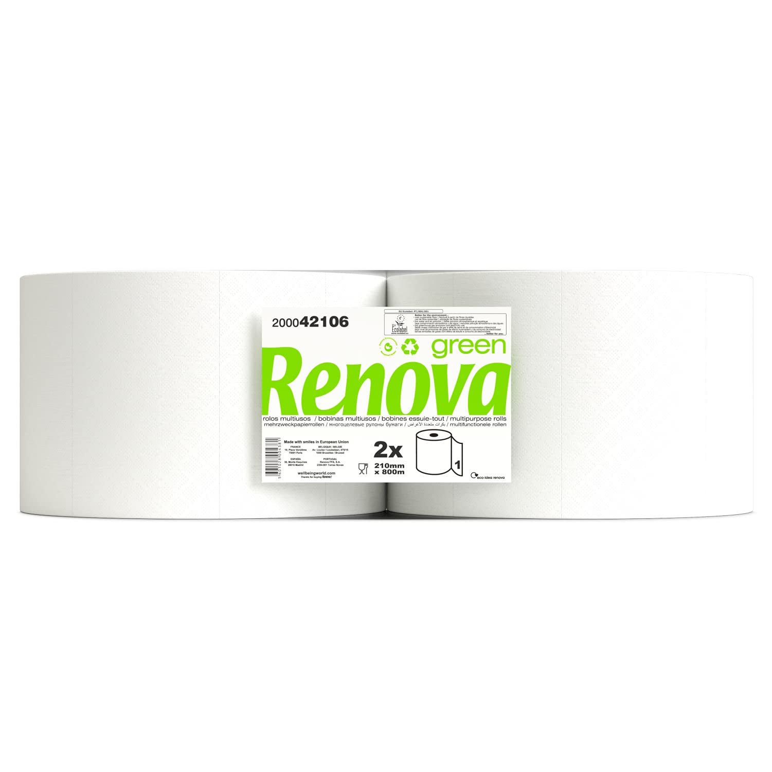 Renova Green Bobinas Multiusos | 2 Bobinas de 800 Metros | Papel Blanco | Certificado Ecolabel