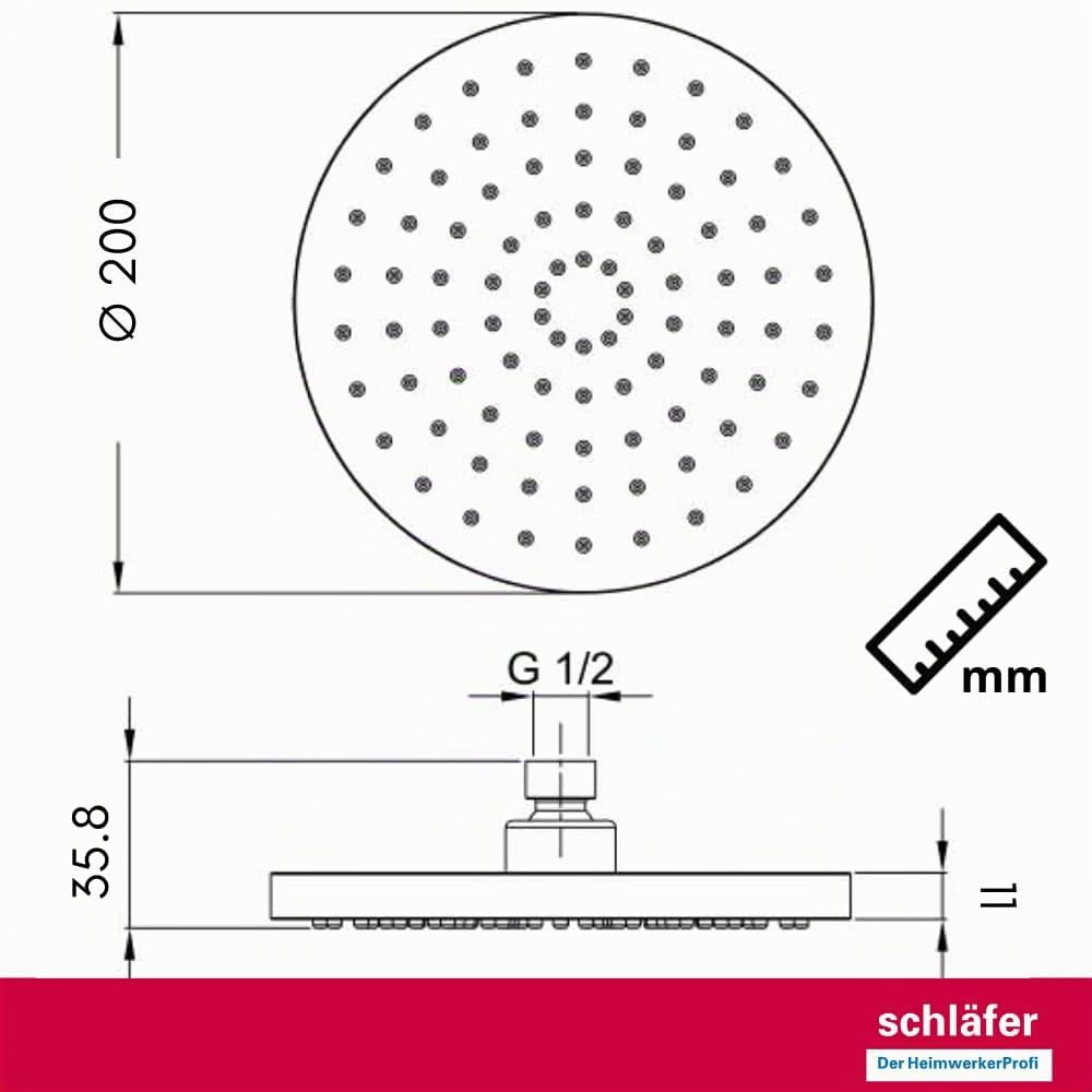 Schläfer 136000 | Soffione Doccia Nero Opaco, Tondo 20 cm a Pioggia Anticalcare ad Alta Pressione in Abs, Soffione per Cabina Doccia PureShower, Snodo Regolabile Universale G 1/2