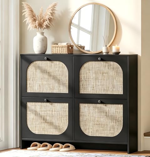 Nicetree Rattan Vintage Flip Shoe Cabinet for Entryway - Black 3-Tier Slim Shoe Storage Cabinet with Metal Handles - Boho Entryway Shoe Organizer for 28-36 Pairs - Fits Size 12 Boots, 9.5" Ultra Slim