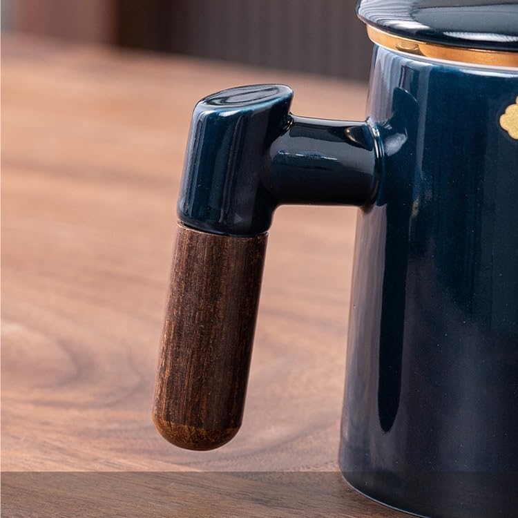 Tea Cup Ceramic Brewing with Lid Water Separation Filter Creative Wooden Handle Office Cups Soaking Container(A)