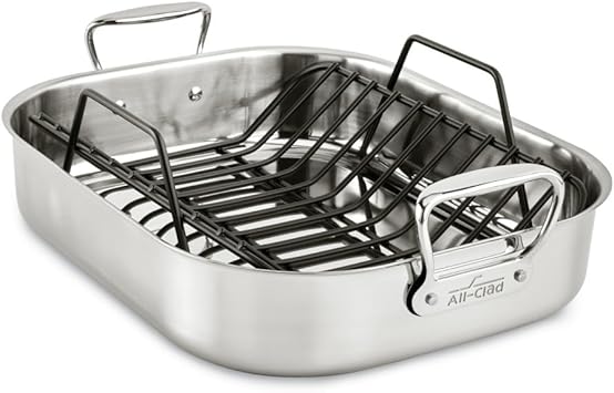 All-Clad Specialty Stainless Steel Roaster and Nonstick Rack 16x13x5 Inch Oven Broiler Safe 600F Roaster Pan, Pots and Pans, Bakeware, Turkey, Silver