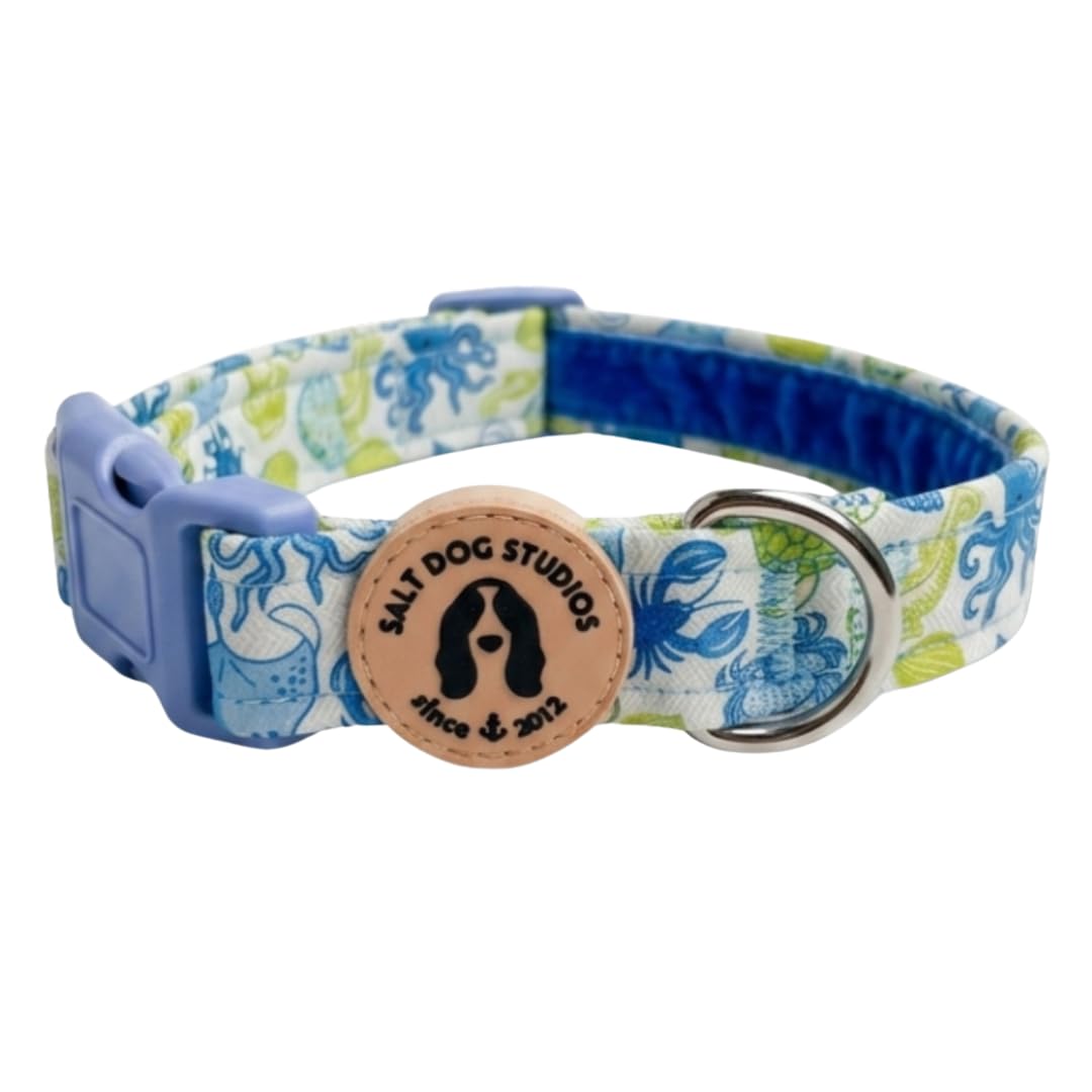 Coastal Dog Collar โ Adjustable Velvet Lined Dog Collar for Small, Medium, Large & Extra Large Dogs โ Soft Comfortable Fabric Collar by Salt Dog Studios (Ocean Life, Medium)