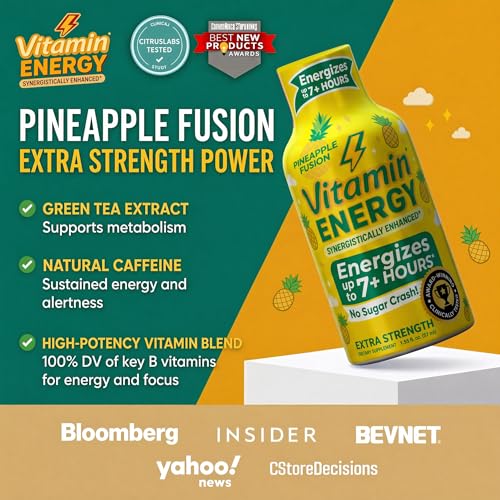 Image of Vitamin Energy Pineapple Fusion Extra Strength Energy Shot, 12 Pack - Up to 7 Hrs, 260mg Natural Caffeine, Zero Sugar - Green Tea Extract, Immune Support, B12 B6 Niacin, 1.93 fl oz, Keto Vegan